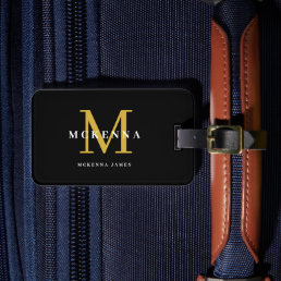 Black and Gold Modern Monogram Monogrammed Elegant Luggage Tag