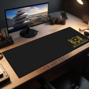 Black and Gold Modern Monogram Name Desk Mat