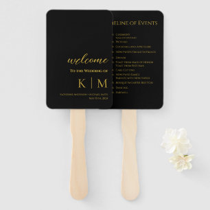 Black and Gold-Modern- Monogram-Wedding Program- Hand Fan