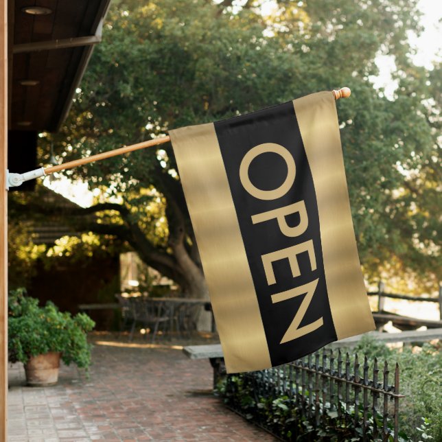 Black and Gold Modern Open Sign for Business Flag (In SItu)