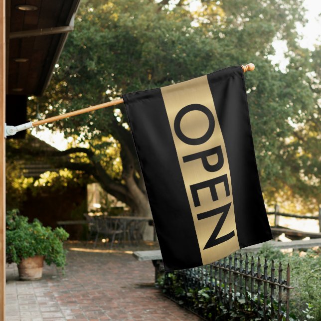 Black and Gold Modern Open Sign for Business Flag (In SItu)