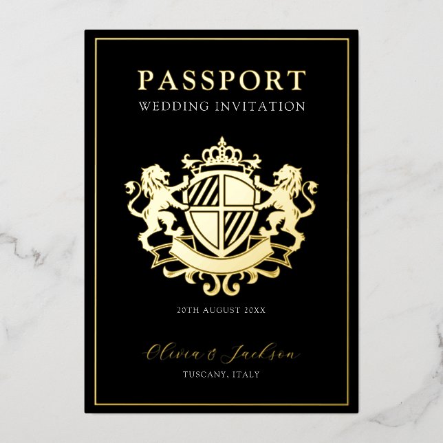 Black and Gold Modern Passport Wedding Invitation  Foil Invitation (Front)