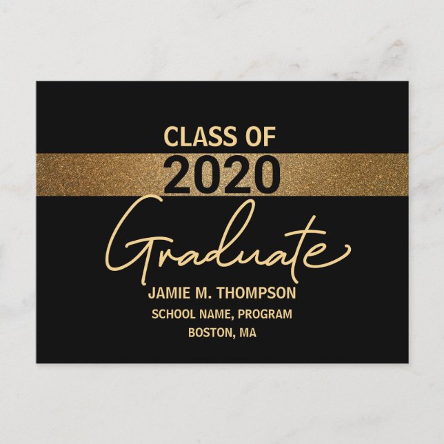 Black and Gold Modern Personalized Graduate script Announcement Postcard (Front)