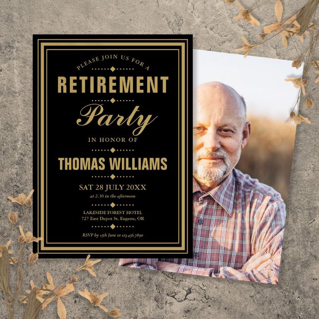 Black And Gold Modern Photo Retirement Party Invitation (Black And Gold Modern Photo Retirement Party Invitation)