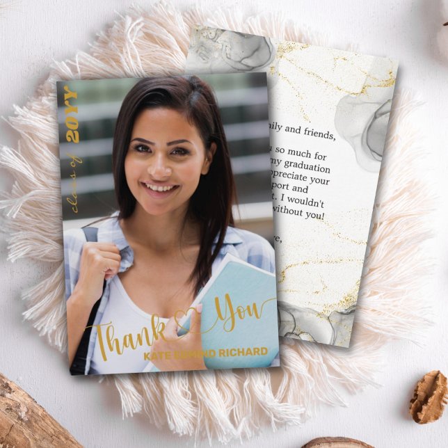 Black and Gold Modern Photo Script Heart Graduate Thank You Card (Creator Uploaded)