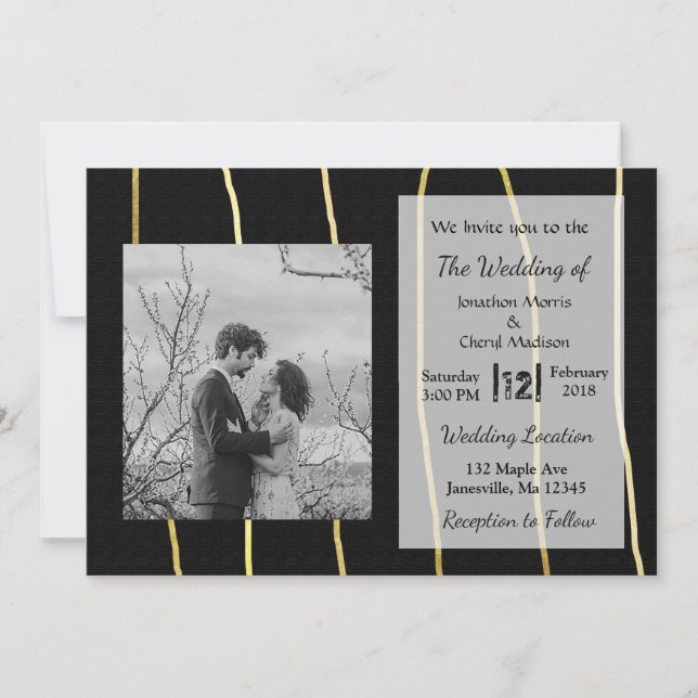 Black and Gold Modern Photo Wedding Invitations (Front)