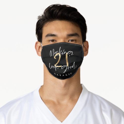 black and gold modern script 21st birthday adult cloth face mask