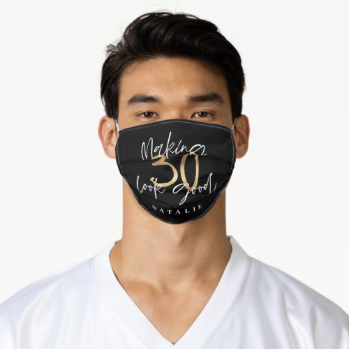 black and gold modern script 30th birthday adult cloth face mask