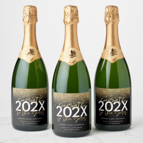 Black and gold modern script glitter graduation sparkling wine label
