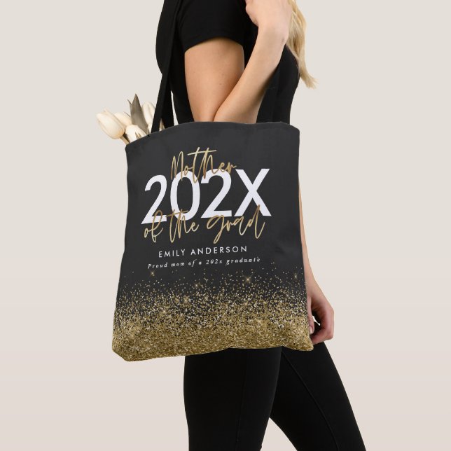 Black and gold modern script glitter graduation tote bag (Close Up)