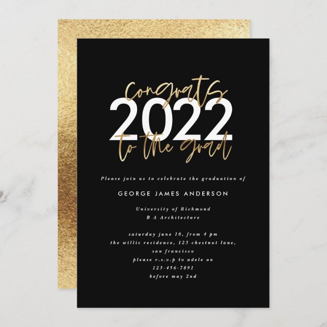Black and gold modern script graduation invite (Front/Back)