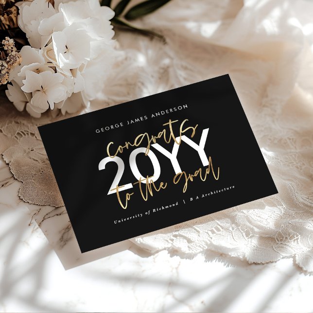 Black and gold modern script graduation invite (Creator Uploaded)