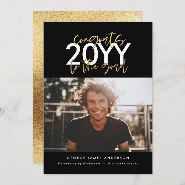 Black and gold modern script graduation photo (Front/Back)