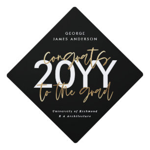 Black and gold modern script photo graduation invi graduation cap topper