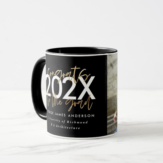 Black and gold modern script photo graduation mug (Front Left)