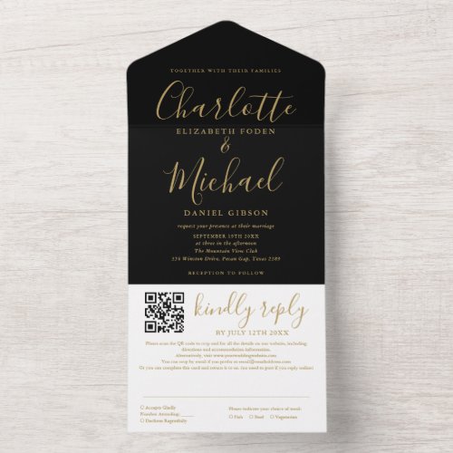 Black And Gold Modern Script QR Code Wedding All In One Invitation