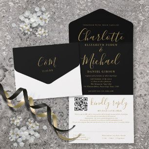 Black And Gold Modern Script QR Code Wedding All In One Invitation