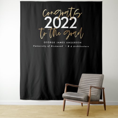 Black and gold modern script stylish graduation tapestry
