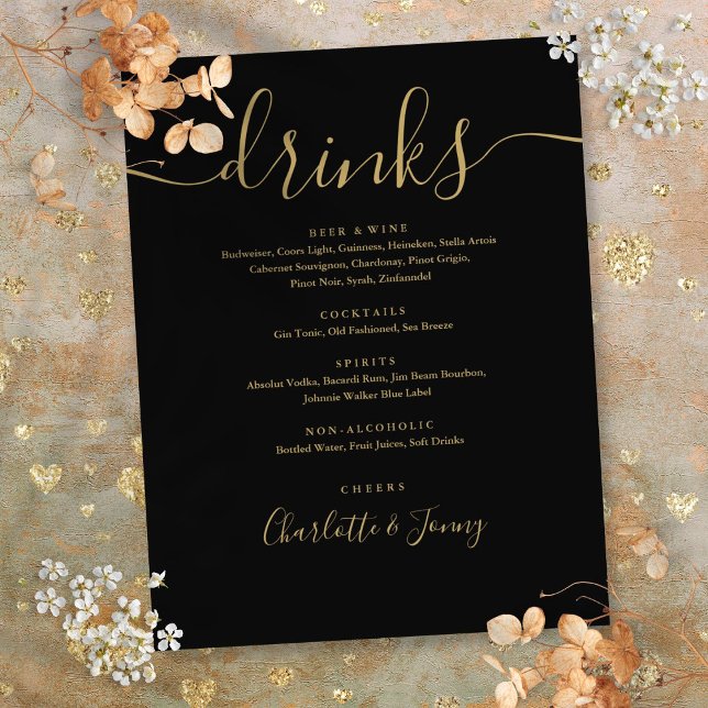Black And Gold Modern Script Wedding Drinks Menu Flyer (Black And Gold Modern Script Wedding Drinks Menu Flyer)