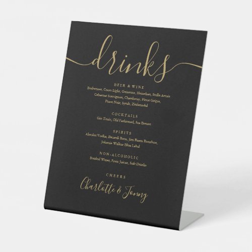 Black And Gold Modern Script Wedding Drinks Menu Pedestal Sign - This elegant black and gold script minimalist drinks menu sign is perfect for your wedding celebration. Designed by Thisisnotme©