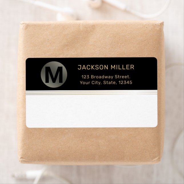 Black and gold modern simple monogram shipping label (Insitu)