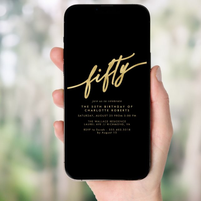 Black and Gold | Modern Sleek Glam 50th Birthday Invitation (Front Digital)