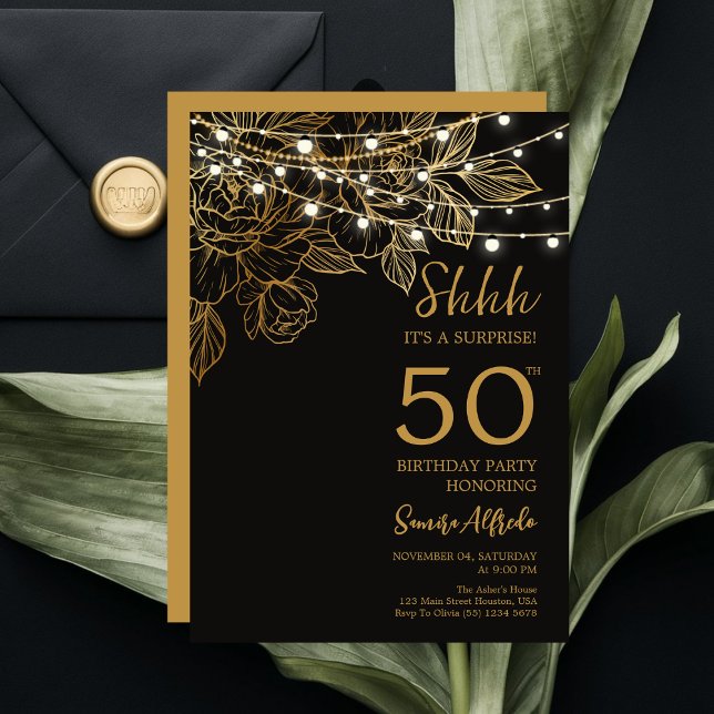 Black and Gold Modern Surprise 50th Birthday Party Invitation (Creator Uploaded)