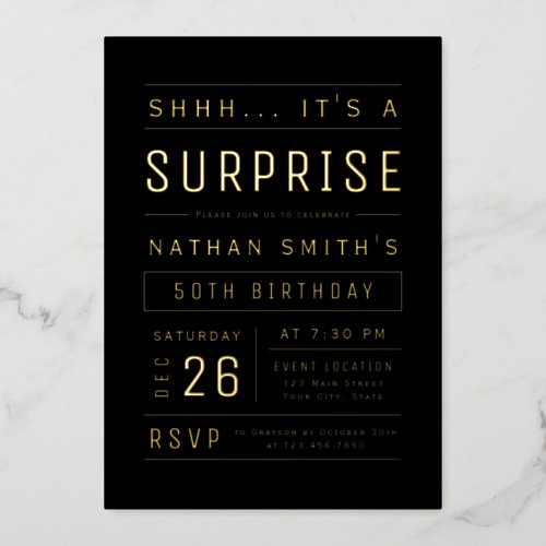 Black and Gold Modern Typography Surprise Birthday Foil Invitation