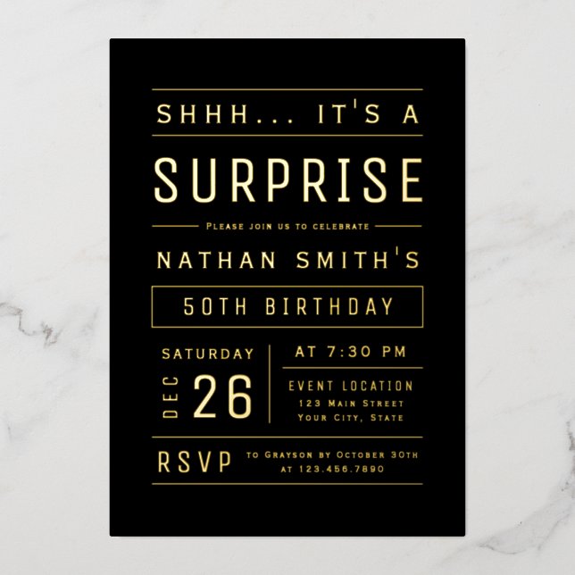 Black and Gold Modern Typography Surprise Birthday Foil Invitation (Front)