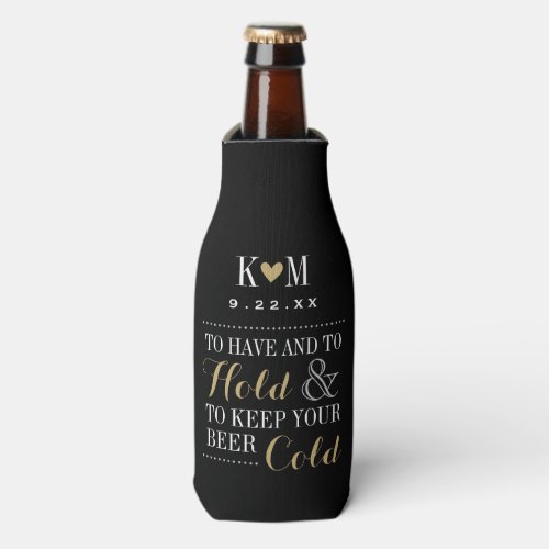 Black and Gold Modern Wedding Monogram Bottle Cooler