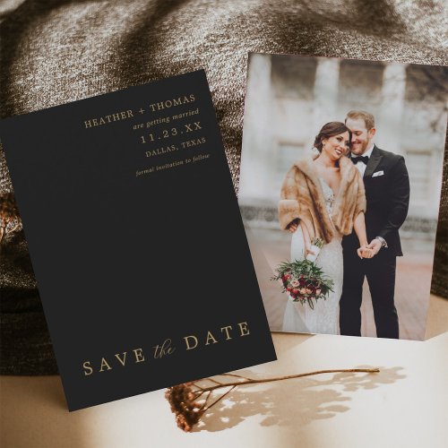 Black and Gold Modern Wedding Photo Save The Dates Invitation