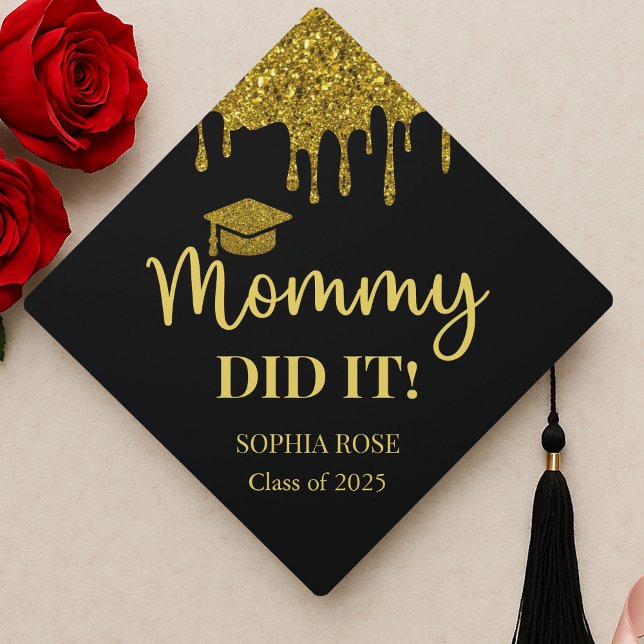Black and Gold Mommy Did it Graduation Cap Topper (Mommy did it black and gold nurse teacher law nursing school masters college graduation cap toppers)