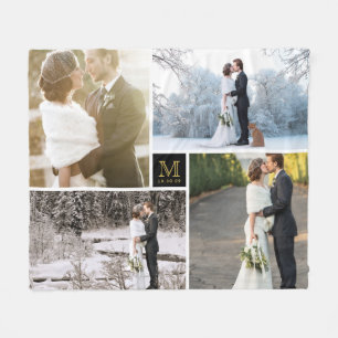 Black and Gold Monogram 4 Photo Collage Wedding Fleece Blanket