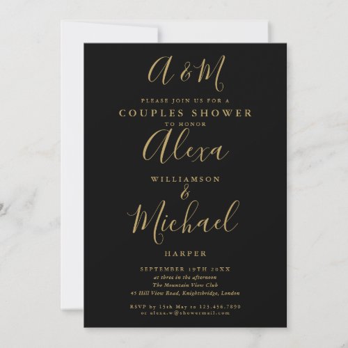 Black And Gold Monogram Couples Wedding Shower Invitation