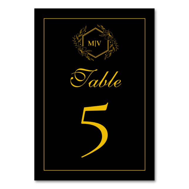 Black and Gold Monogram Crest Table Number Card (Front)