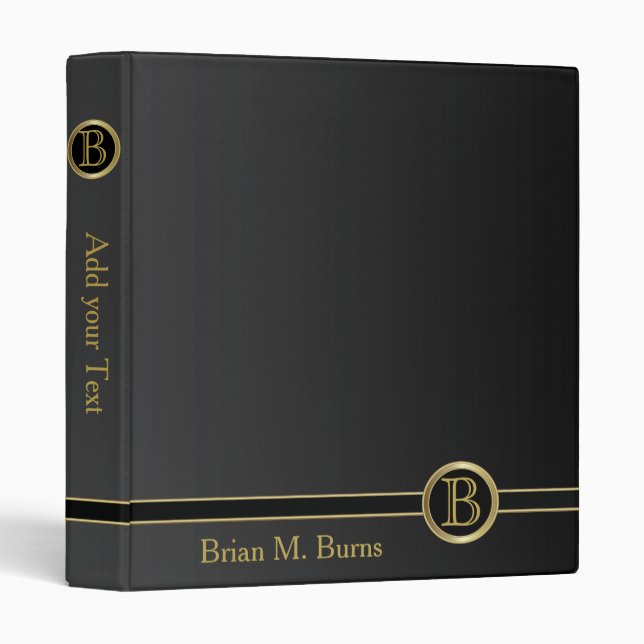 Black and Gold Monogram Design 3 Ring Binder (Front/Spine)