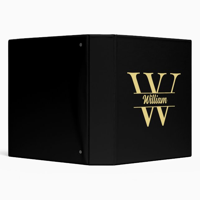  Black and Gold Monogram | Elegant Initial Name  3 Ring Binder (Background)