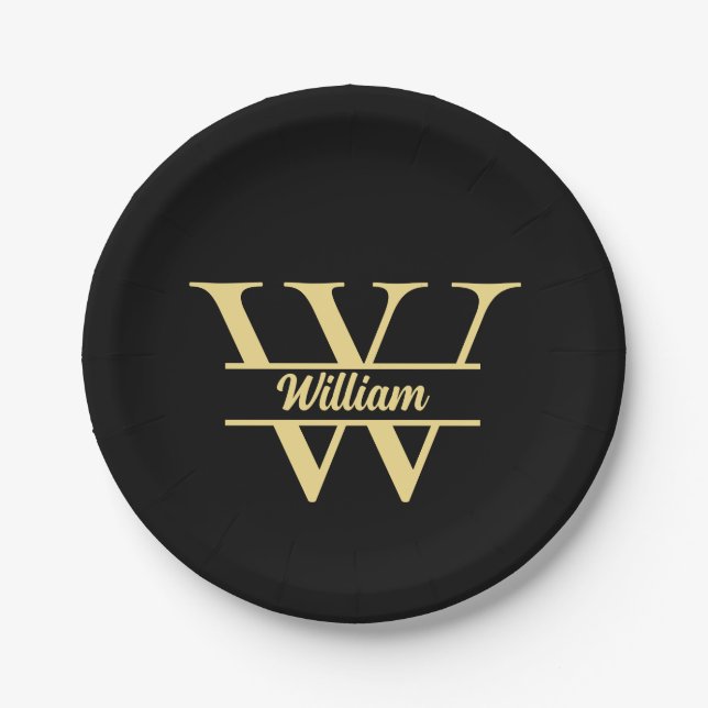 Black and Gold Monogram | Elegant Initial Name  Paper Plates (Front)