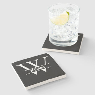 Black and Gold Monogram Elegant Initial Name Stone Coaster