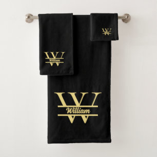 Black and Gold Monogram   Elegant Initial Script Bath Towel Set