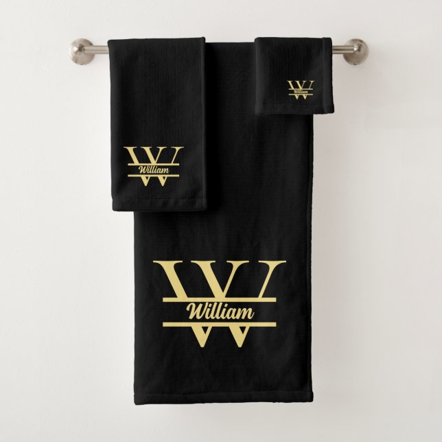  Black and Gold Monogram | Elegant Initial Script Bath Towel Set (Insitu)
