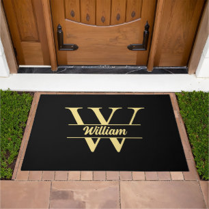 Black and Gold Monogram Elegant Initial Script Doormat