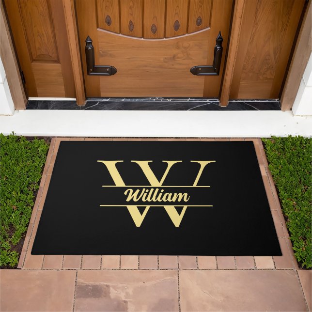 Black and Gold Monogram | Elegant Initial Script  Doormat (Outdoor)
