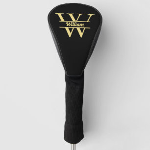  Black and Gold Monogram   Elegant Initial Script  Golf Head Cover