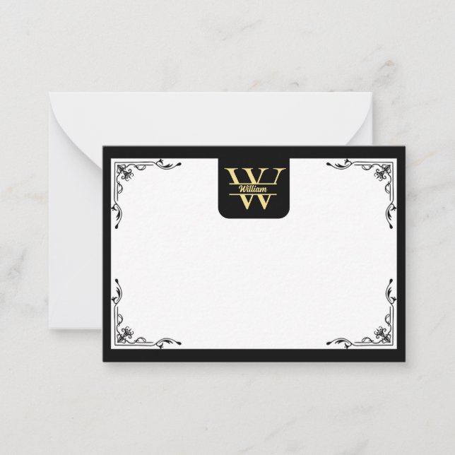 Black and Gold Monogram | Elegant Initial Script  Note Card (Front)