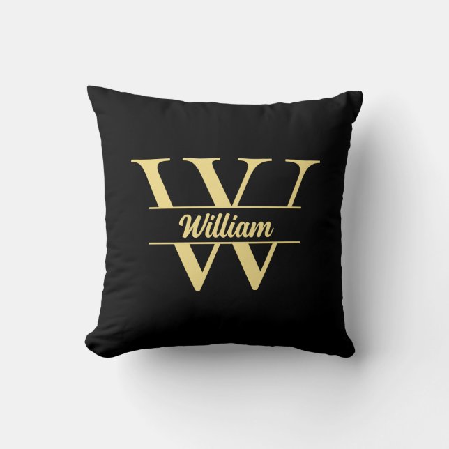 Black and Gold Monogram | Elegant Initial Script  Throw Pillow (Front)