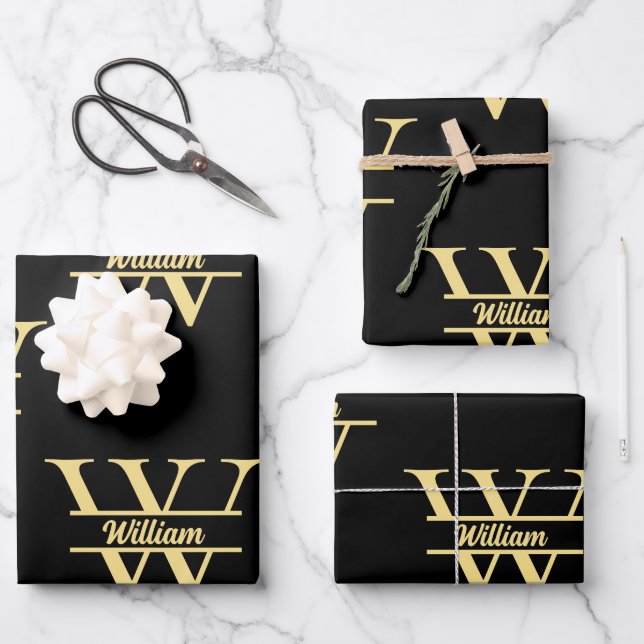 Black and Gold Monogram | Elegant Initial Script Wrapping Paper Sheets (Front)
