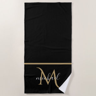 Black and Gold Monogram Elegant Luxury Beach Towel