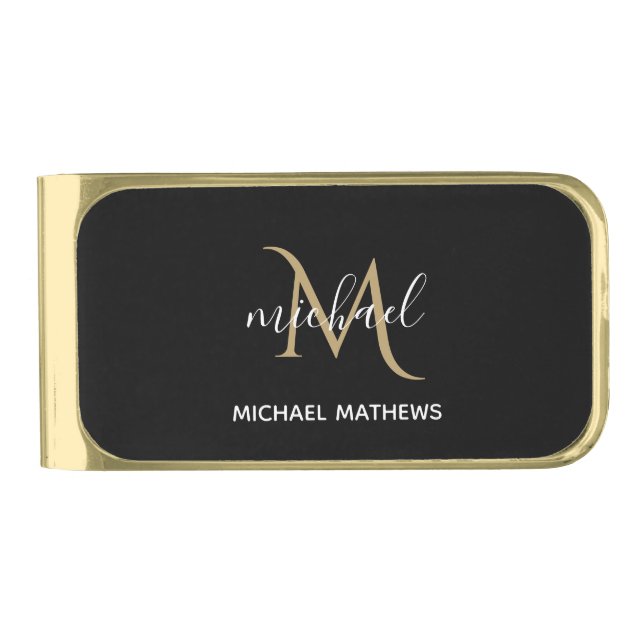 Black and Gold Monogram Elegant Luxury  Gold Finish Money Clip (Front)