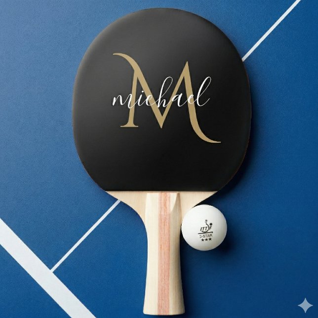 Black and Gold Monogram Elegant Luxury  Ping Pong Paddle (Creator Uploaded)